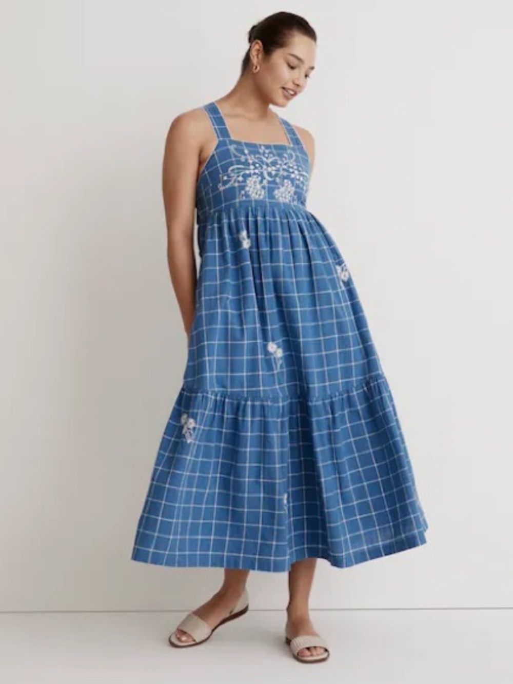 Madewell Embroidered Cicely Tiered Midi Dress in Plaid - Picture 1 of 14